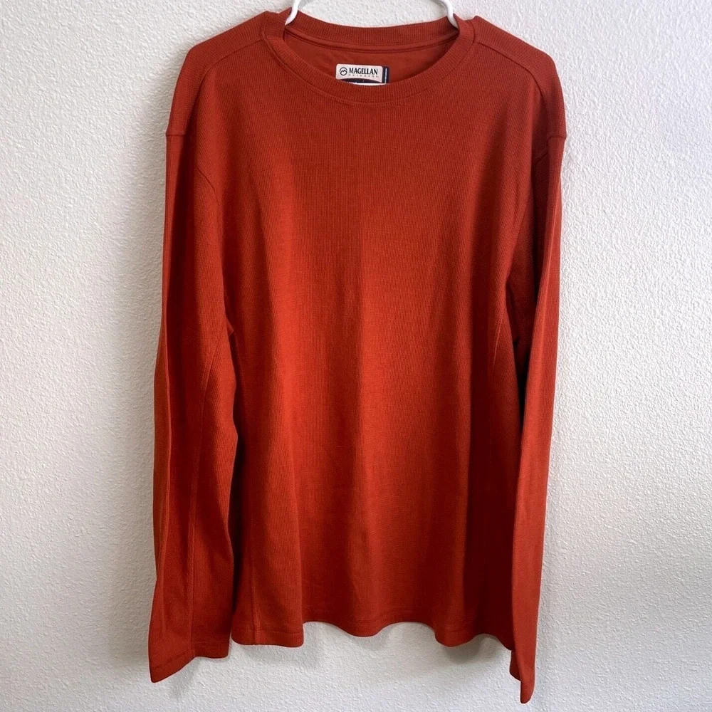 Magellan Mens Size Large Thermal Long Sleeve Shirt Waffle Knit Layering Top Rust